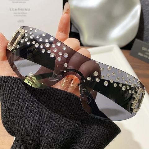 Occhiali Da Sole Shield Senza Montura Strass Montatura Grande Protezione UV400 Y2K Tendenza Festa Streetwear Vintage Donna