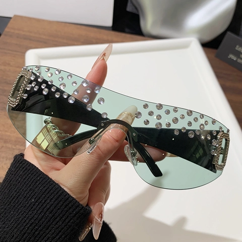 Occhiali Da Sole Shield Senza Montura Strass Montatura Grande Protezione UV400 Y2K Tendenza Festa Streetwear Vintage Donna