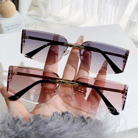 Square Rimless Sunglasses UV400 Gradient PC Lens Metal Temples Frameless Cut Edge Fashion Chic Outdoor Eyewear