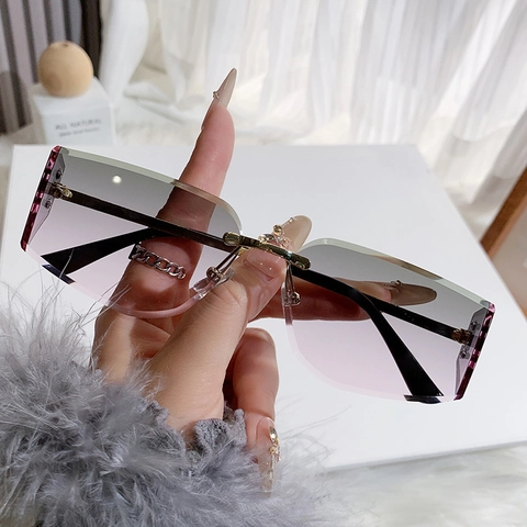 Square Rimless Sunglasses UV400 Gradient PC Lens Metal Temples Frameless Cut Edge Fashion Chic Outdoor Eyewear