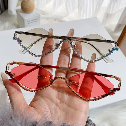 Women Sunglasses Rhinestone Diamond Rimless Metal Frame Polygon Rhombic UV400 Protection Fashion Party Ins Style