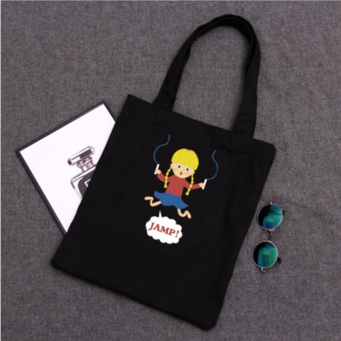 Women Canvas Tote Bag Cartoon Girl Jump Rope Print Harajuku Casual Shoulder Bag With Zipper Large Capacity