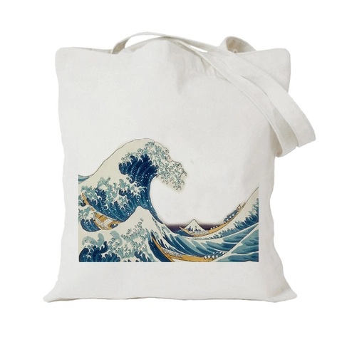 Canvas Tote Bag Ukiyo-e Great Wave Print Shoulder Handbag Japanese Art Style Minimalist Shopping Bag For Women