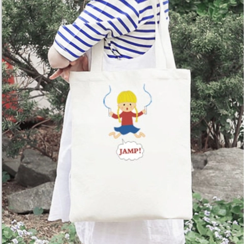 Women Canvas Tote Bag Cartoon Girl Jump Rope Print Harajuku Casual Shoulder Bag With Zipper Large Capacity