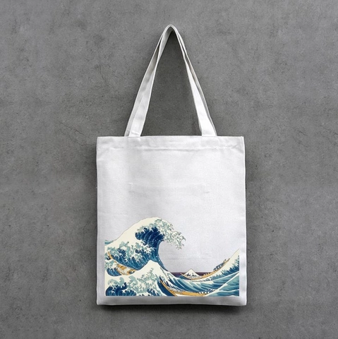 Canvas Tote Bag Ukiyo-e Great Wave Print Shoulder Handbag Japanese Art Style Minimalist Shopping Bag For Women