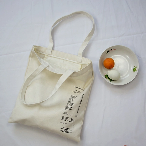 Women Canvas Shoulder Bag Supermarket Receipt Print Large Capacity Tote Streetwear Style