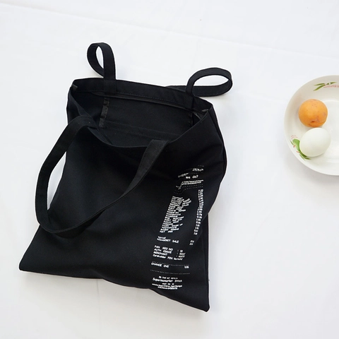 Women Canvas Shoulder Bag Supermarket Receipt Print Large Capacity Tote Streetwear Style