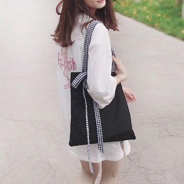 Borsa Tote In Tela Con Fiocco Gingham Chiusura Lampo Stile Preppy Coreano Borsa A Spalla Per Donne Studentesse