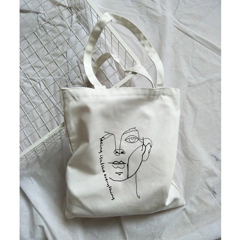 Aesthetic Canvas Tote Bag Minimalist Line Art Portrait Zipper Closure Large Capacity Shoulder Handbag For Women