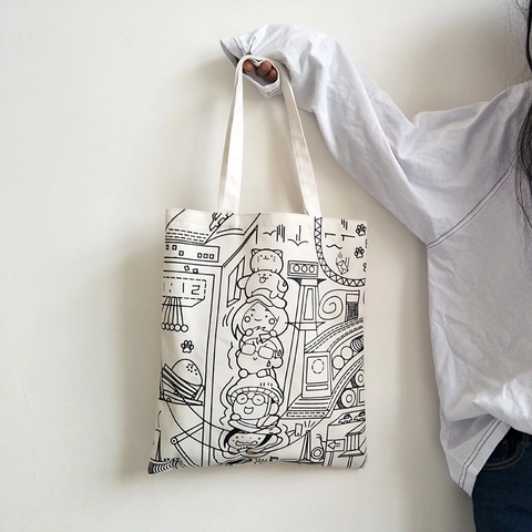 Canvas Tote Bag Cartoon Print Shoulder Handbag Zipper Closure Large Capacity Casual Artsy Shopping Bag For Women