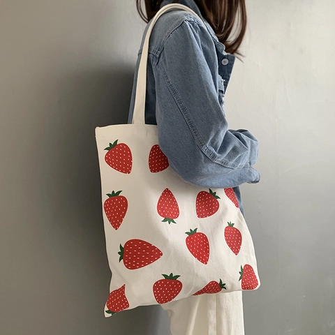 Borsa Tote In Tela Con Stampa Fragola Grande Capacità Cerniera Borsa A Tracolla Stile Dolce Per Donne