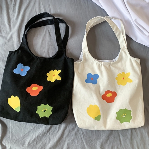 Bloemenprint Canvas Tote Bag Esthetisch Bloemenpatroon Grote Capaciteit Schoudertas Voor Vrouwen Studenten Frisse Stijl