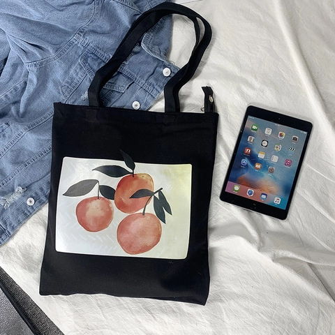 Canvas Tote Bag Damen Obst Orangen Print Reißverschluss Handtasche Große Kapazität Chic Künstlerische Schultertasche