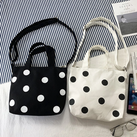Polka Dot Canvas Umhängetasche Für Damen Verstellbarer Gurt Reißverschluss Schultertasche Handtasche Casual Chic