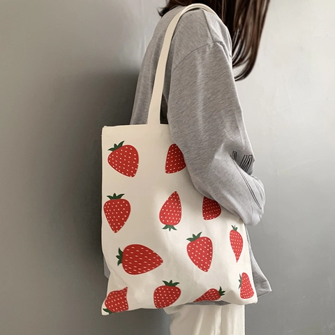 Borsa Tote In Tela Con Stampa Fragola Grande Capacità Cerniera Borsa A Tracolla Stile Dolce Per Donne