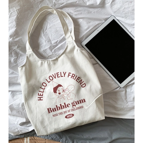 Retro Cartoon Print Canvas Schultertasche Frauen Große Kapazität Casual Tote Handtasche Für Tägliche Einkaufen