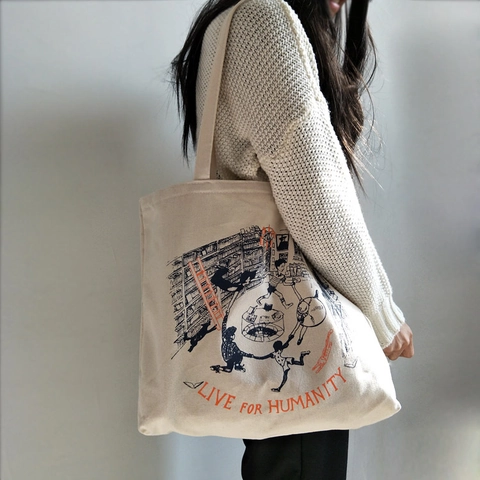 Damen Canvas Tote Bag Große Kapazität Reißverschluss Harajuku Stil Cartoon Print Lässige Schultertasche Studenten Alltag