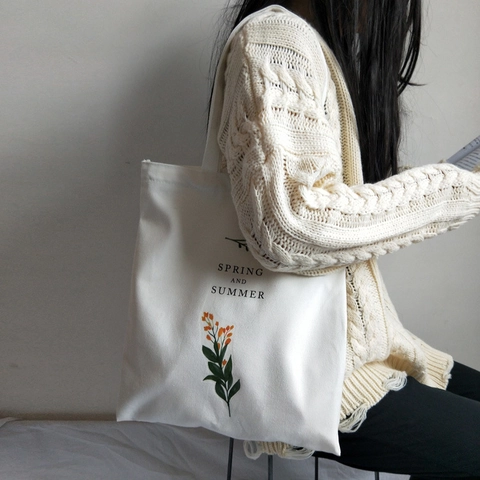 Canvas Tote Tas Met Bloemenprint Lente En Zomer Ritssluiting Grote Capaciteit Schoudertas Voor Dames Student