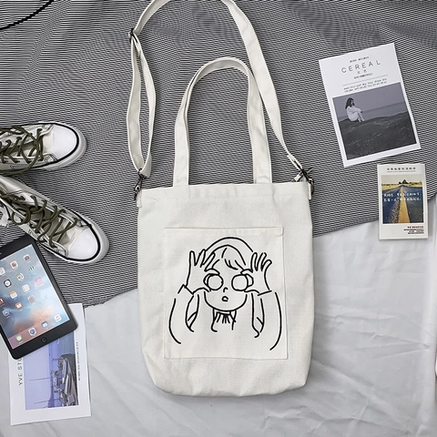 Sac Cabas En Toile Bandoulière Grande Capacité Art Minimaliste Imprimé Visage Étudiant Sac À Main Avec Bandoulière Réglable