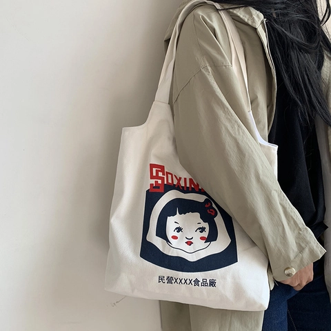 Retro Cartoon Print Canvas Schultertasche Frauen Große Kapazität Casual Tote Handtasche Für Tägliche Einkaufen