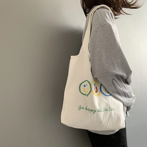 Damen Canvas Tote Bag Große Kapazität Smile Face Print Koreanischen Stil Minimalistische Schulter Handtasche Magnetverschluss