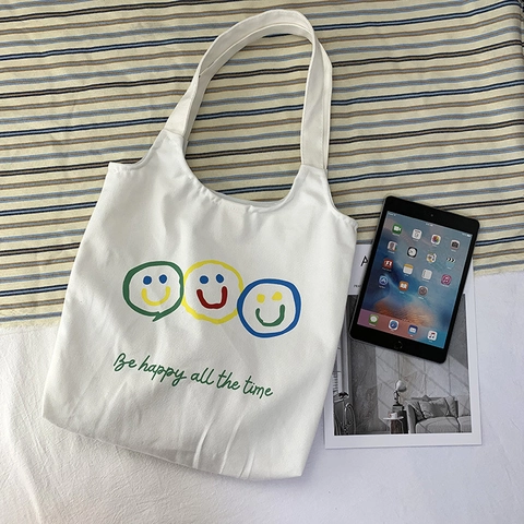 Damen Canvas Tote Bag Große Kapazität Smile Face Print Koreanischen Stil Minimalistische Schulter Handtasche Magnetverschluss