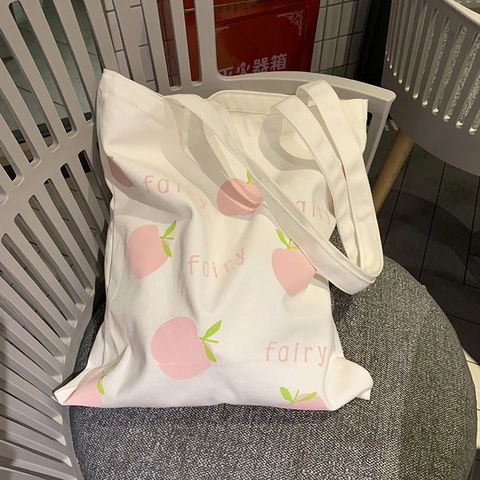 Damen Tote Bag Aus Reiner Baumwolle Leinwand Pfirsich Druck Reißverschluss Schultertasche Ästhetische Lässige Schultasche