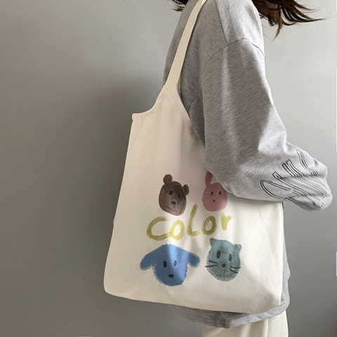 Damen Canvas Tragetasche Cartoon Tierdruck Einfacher Japanischer Stil Ästhetische Umhängetasche Für Studenten Alltag