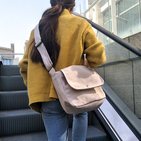 Canvas Crossbody Tas Voor Dames Messenger Bag Met Overslag Verstelbare Brede Riem Retro Minimalistische Casual Handtas