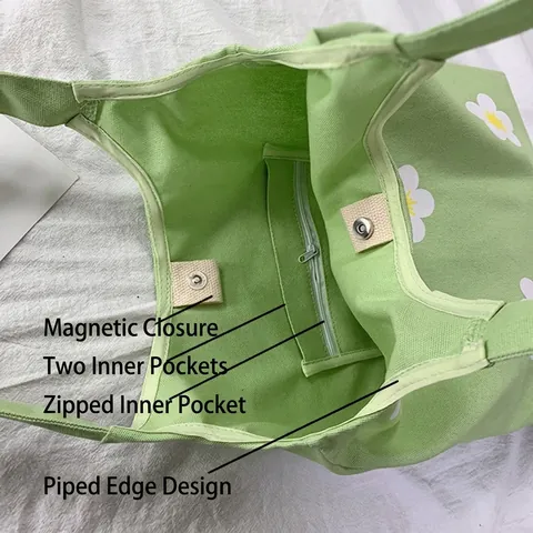 Canvas Tote Bag Damen Ästhetisch Gänseblümchen Blumendruck Große Kapazität Schultertasche Mit Magnetverschluss Innentaschen