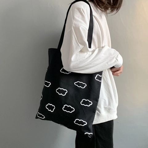 Canvas Tragetasche Reißverschluss Große Kapazität Wolkenmuster Japanischer Stil Kawaii Schulter Einkaufstasche Für Studenten