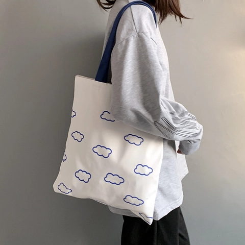 Canvas Tragetasche Reißverschluss Große Kapazität Wolkenmuster Japanischer Stil Kawaii Schulter Einkaufstasche Für Studenten