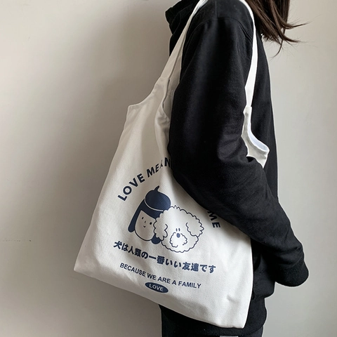 Dames Canvas Tote Bag Cartoon Meisje Hond Print Grote Capaciteit Schoudertas Japanse Stijl Casual Winkelen
