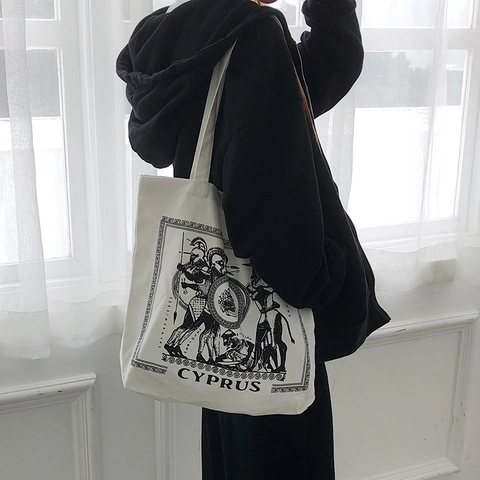 Ρετρό Τσάντα Tote Καμβά Γυναίκες Vintage Ελληνική Τέχνη Γράμμα Εκτύπωση Βαμβακερή Τσάντα Ώμου Μαγνητική Πόρπη Εσωτερική Τσέπη