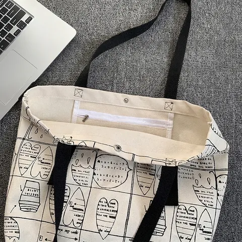 Canvas Tragetasche Damen Große Kapazität Handgezeichnete Cartoon Doodle Print Koreanischer Stil Schultertasche Schule