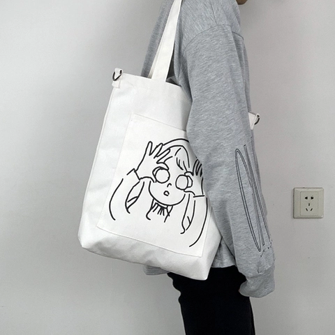 Sac Cabas En Toile Bandoulière Grande Capacité Art Minimaliste Imprimé Visage Étudiant Sac À Main Avec Bandoulière Réglable
