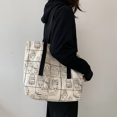 Canvas Tragetasche Damen Große Kapazität Handgezeichnete Cartoon Doodle Print Koreanischer Stil Schultertasche Schule