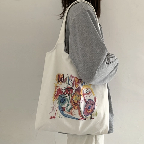 Borsa Tote In Tela Artistica Da Donna Con Stampa Graffiti Colorata Stile Giapponese Letterario Borsa A Tracolla Per Studenti