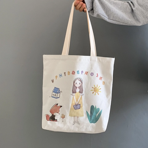 Canvas Tote Bag Reißverschluss Innentasche Süße Cartoon Illustration Koreanischer Stil Umhängetasche Für Frauen