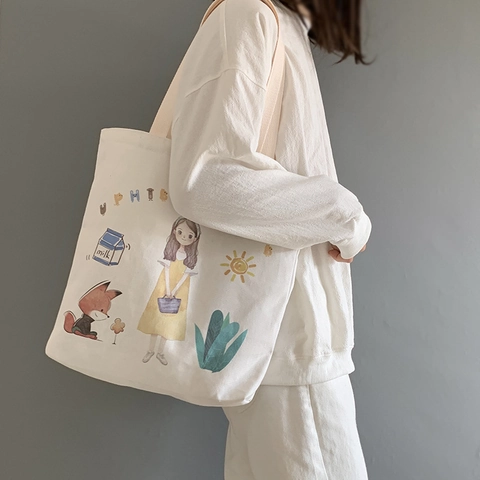 Canvas Tote Bag Reißverschluss Innentasche Süße Cartoon Illustration Koreanischer Stil Umhängetasche Für Frauen