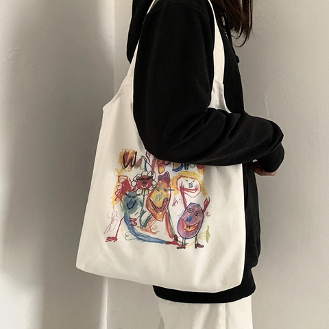 Borsa Tote In Tela Artistica Da Donna Con Stampa Graffiti Colorata Stile Giapponese Letterario Borsa A Tracolla Per Studenti