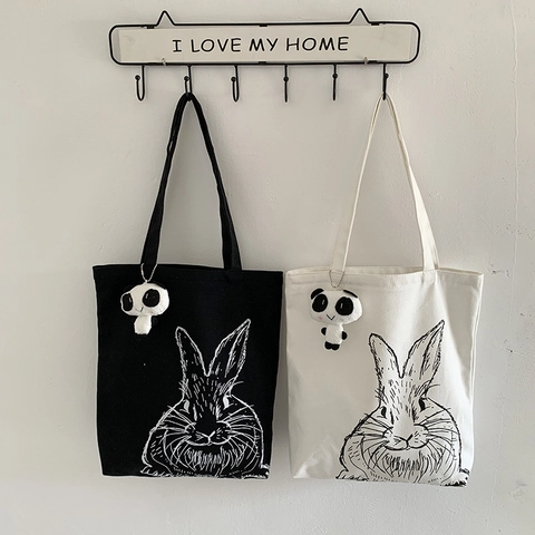 Women Canvas Tote Bag Large Capacity Cotton Cloth Shoulder Handbag Cute Rabbit Print With Panda Plush Charm Zipper