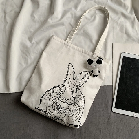Women Canvas Tote Bag Large Capacity Cotton Cloth Shoulder Handbag Cute Rabbit Print With Panda Plush Charm Zipper