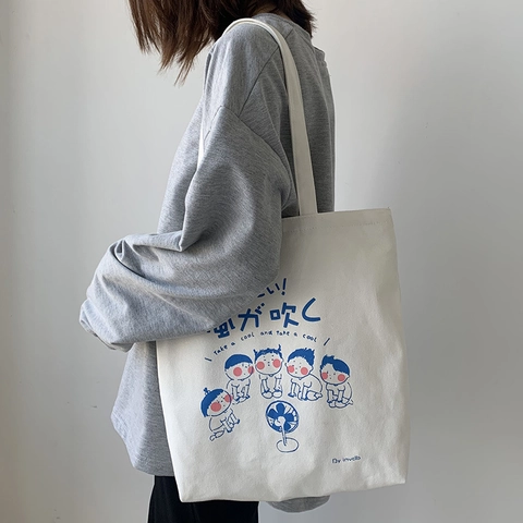 Damen Canvas Tote Bag Japanischer Cartoon Druck Große Kapazität Schultertasche Mit Reißverschluss Für Reise Schule