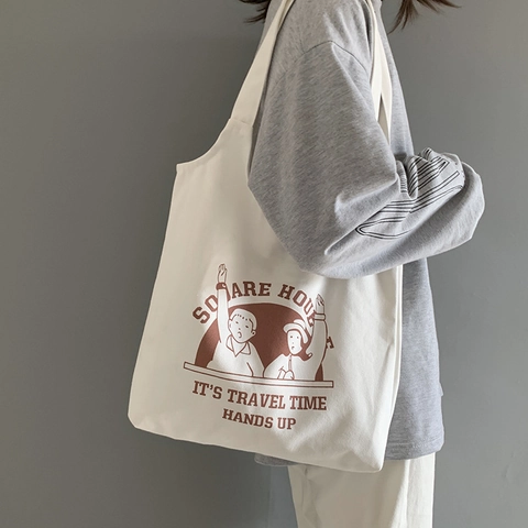 Grote Capaciteit Canvas Draagtas Cartoon Letter Print Schoudertas Casual Literaire Boodschappentas Voor Vrouwen