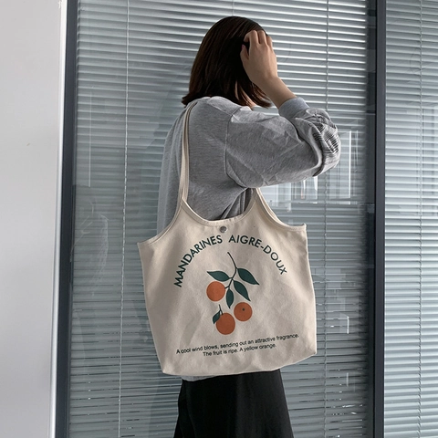 Canvas Tote Bag Large Capacity Fruit Orange Print Vest Style Shoulder Handbag Japanese Casual For Women
