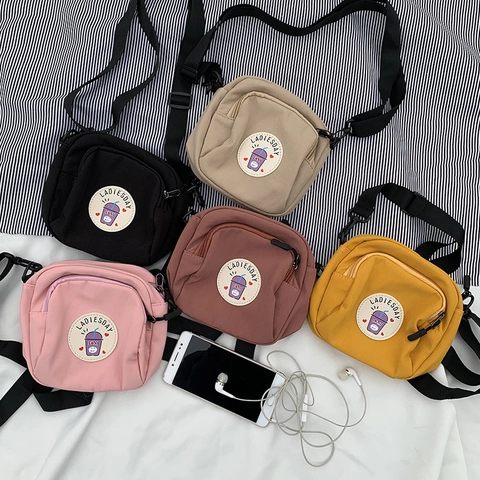 Mini Bolso Bandolera Nylon Lona Bolsa Teléfono Dual Cremallera Correa Ajustable Parche Dibujos Animados Casual Mujeres Niñas