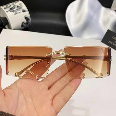 Square Rimless Sunglasses For Women Metal Panther Head Decoration Gradient Lens Retro Fashion UV400 Shades