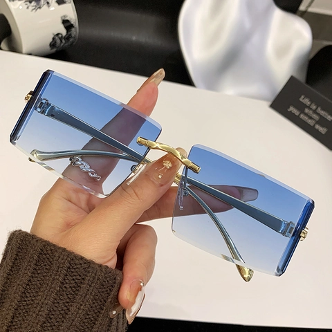 Square Rimless Sunglasses For Women Metal Panther Head Decoration Gradient Lens Retro Fashion UV400 Shades