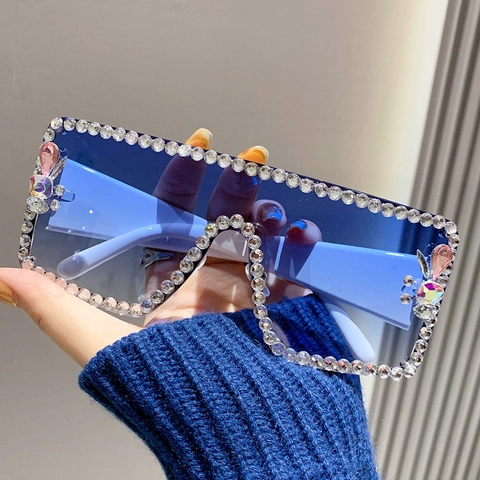 Oversized Square Sunglasses Rhinestone Metal Plastic Frame UV400 Fashion Y2K Party Gradient Lens Women Eyewear